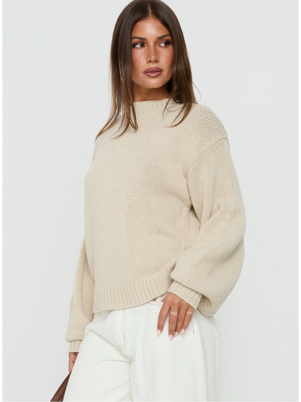Sz L/XL Princess Polly Harmony Balloon Sleeve Knit Crewneck Sweater In Beige NWT - Picture 7 of 8